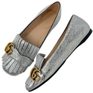 Gucci Silver Foiled Leather Marmont GG Logo Kiltie Fringe Flat Loafers EU 35